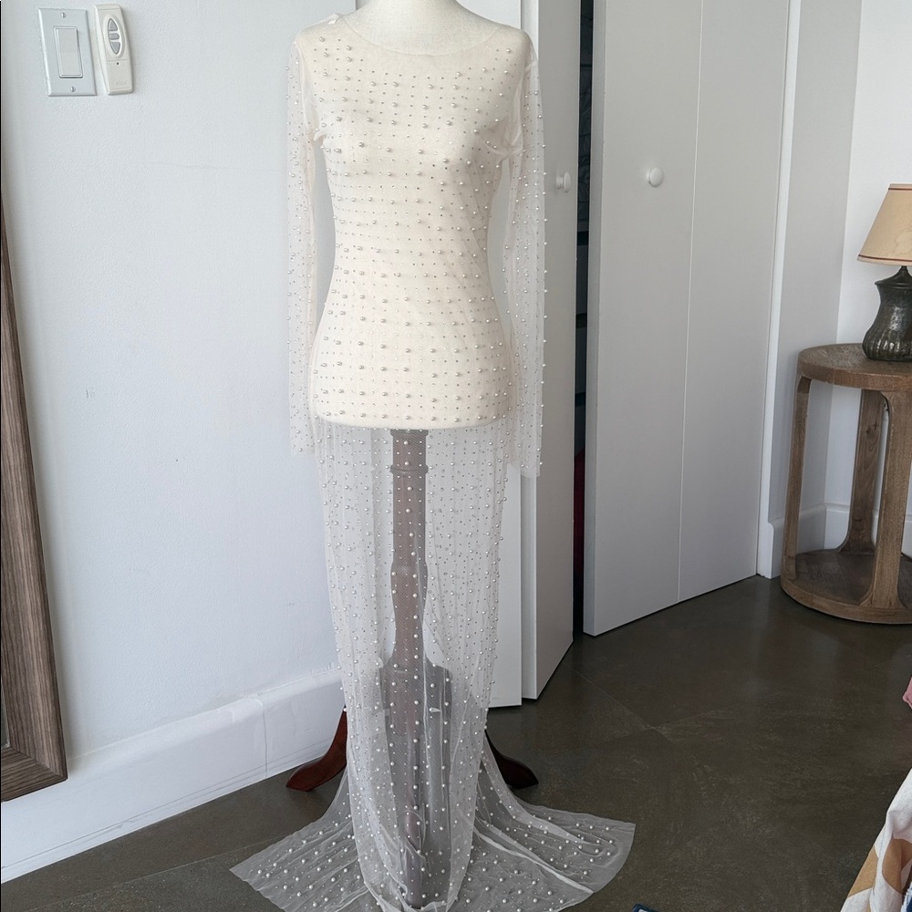 Bride to be Elegant Sheer Maxi Dress with Pearl Accents